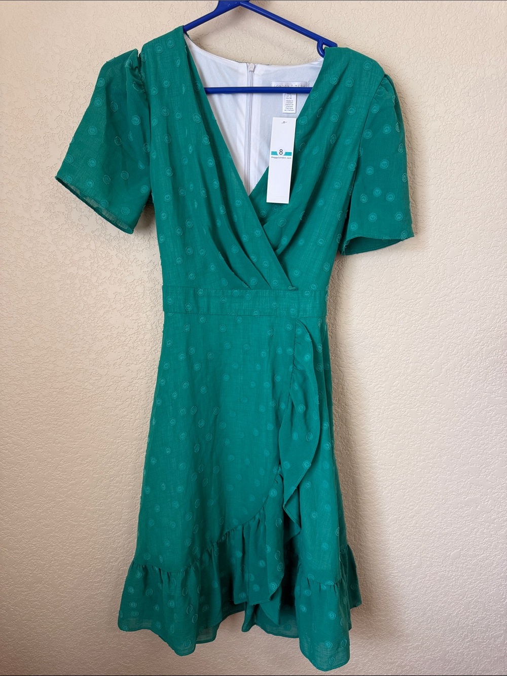 NWT London Times Petite Emerald Green Swiss Dot Wrap Dress Size 8P